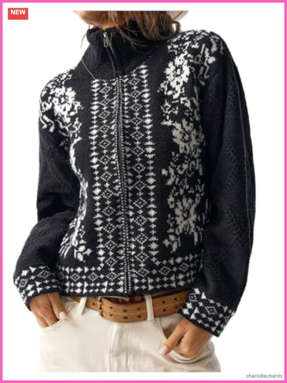 Floral Embroidered Boho Cardigan Sweater Zip Up Jacket Mock Neck Long Sleeve